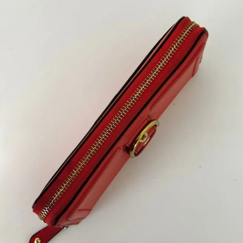 Coach Campbell Zip Around Leather Accordion Wallet in Red with Buckle Accent